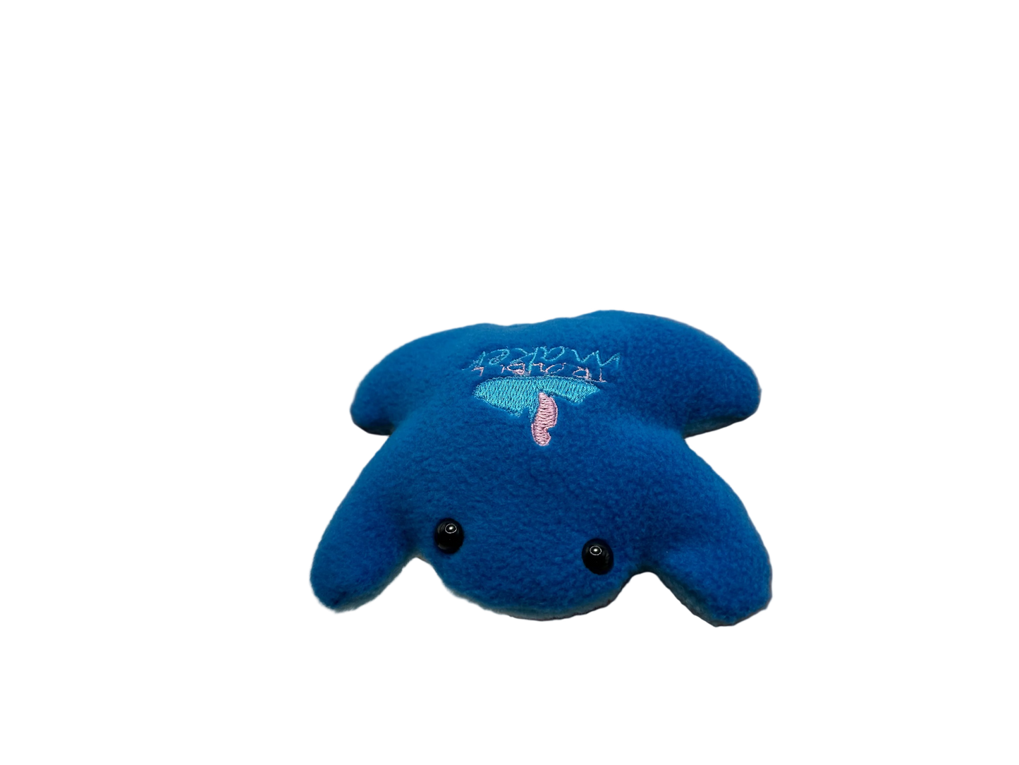 Blue plush toy held in a hand against a white background