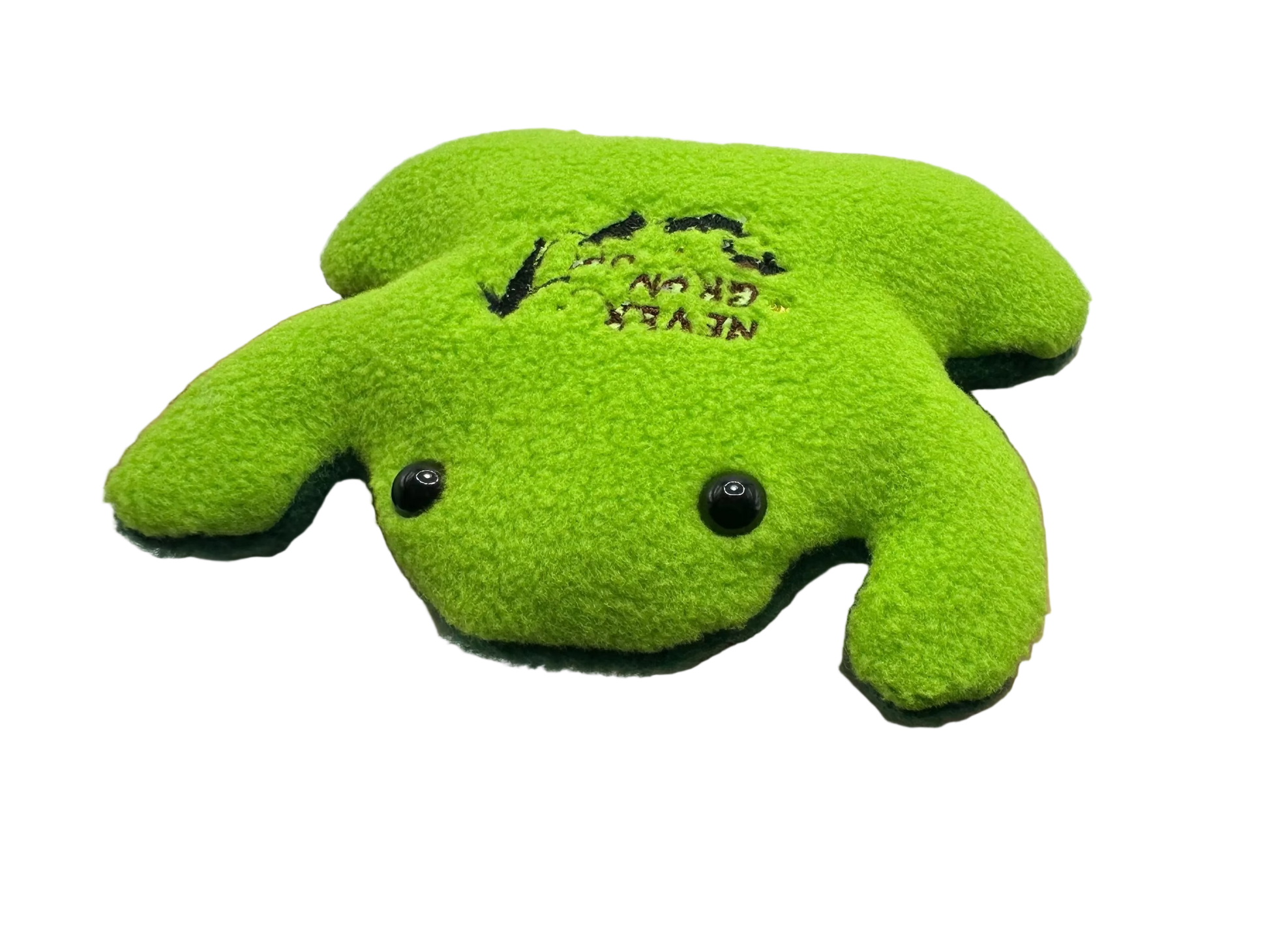 Green plush toy shaped like a frog held in a hand against a white background
